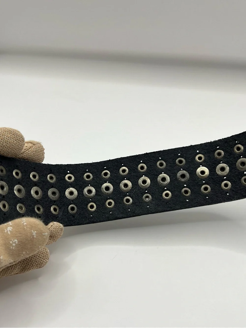 Guang Tong Studded Black Leather Cuff Bracelet Triple Row Snap Wristband